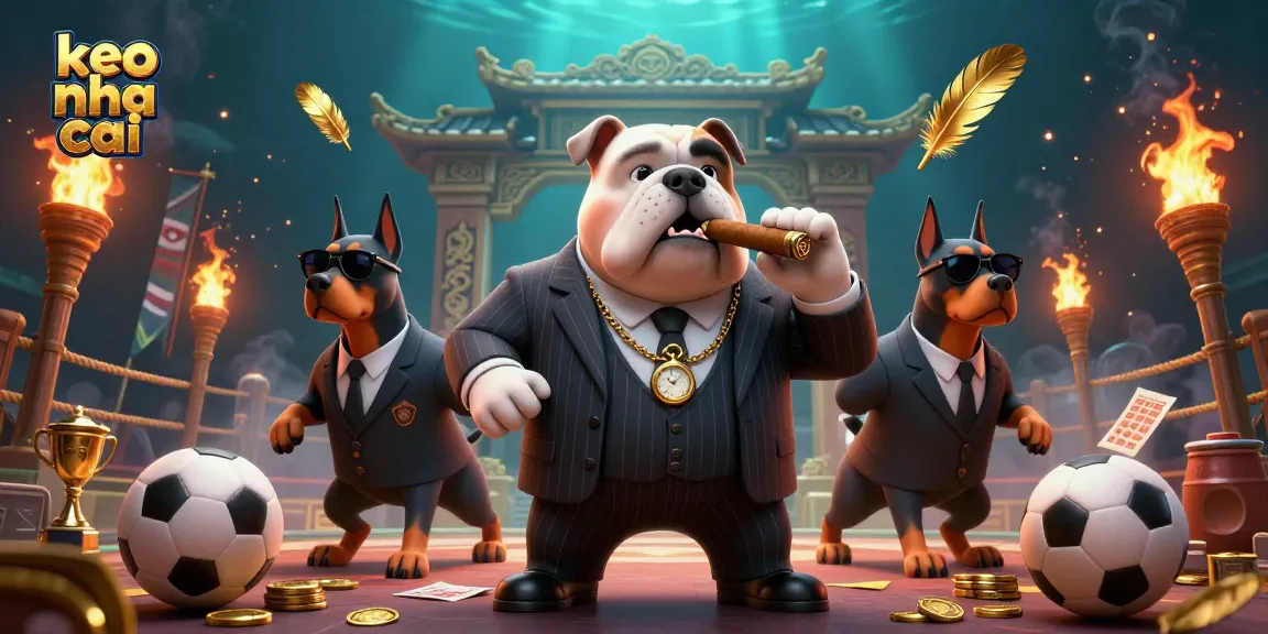 Bet on keo nha cai with 3D mafia boss bulldog and bodyguards in a detailed casino scene.