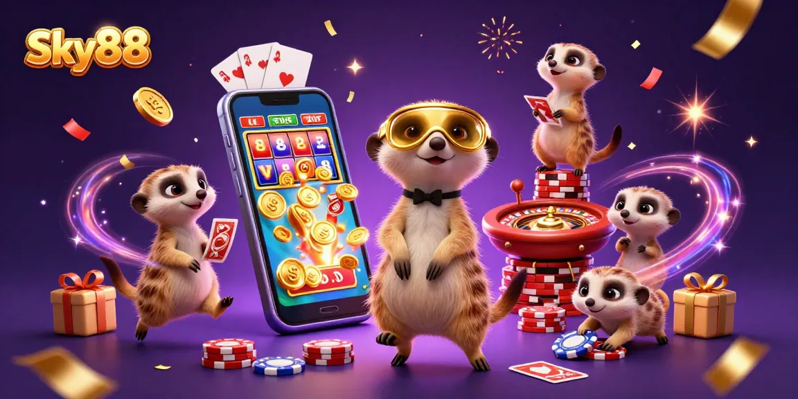 Sky88 meerkats managing a vibrant casino with slots and roulette, showcasing excitement and winning moments.