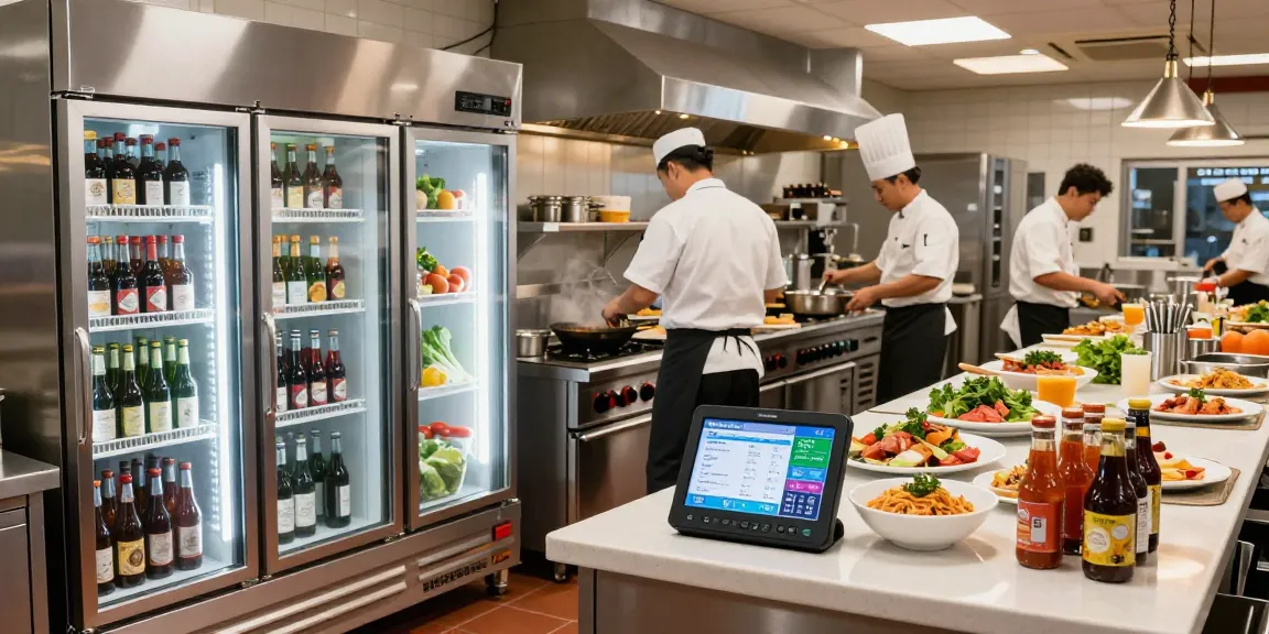 Dynamic commercial refrigeration setup in a busy restaurant kitchen with energy-saving displays and expert chefs.