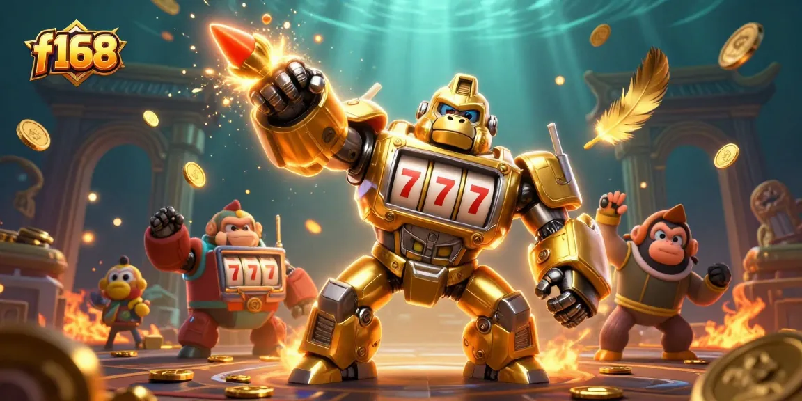 Engage with f168's thrilling casino experience through a vibrant, dynamic 3D scene featuring a golden gorilla mech.