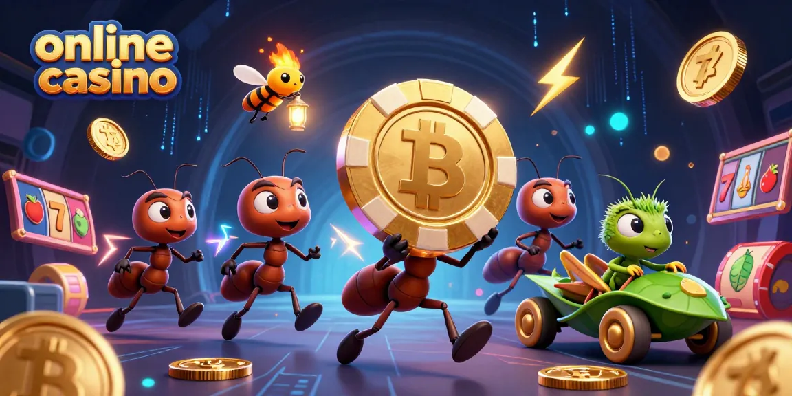 Experience an exciting online casino heist by animated ants grabbing a giant poker chip.