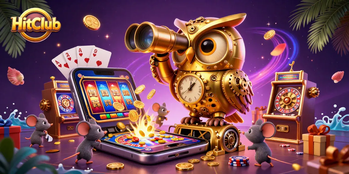 Experience immersive gaming at HitClub with golden owl overseeing vibrant casino action.