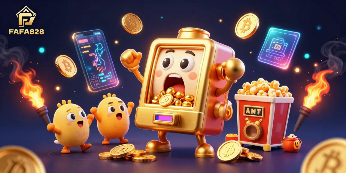 FAFA828 slot machine hits a jackpot, showering coins while baby slot machines cheer.