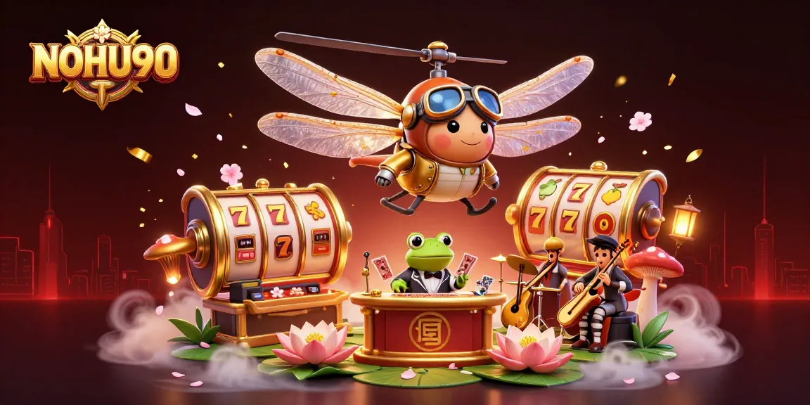 Engage in thrilling slot action at NOHU90 with a vibrant dragonfly pilot and frog dealer amidst a lively casino!