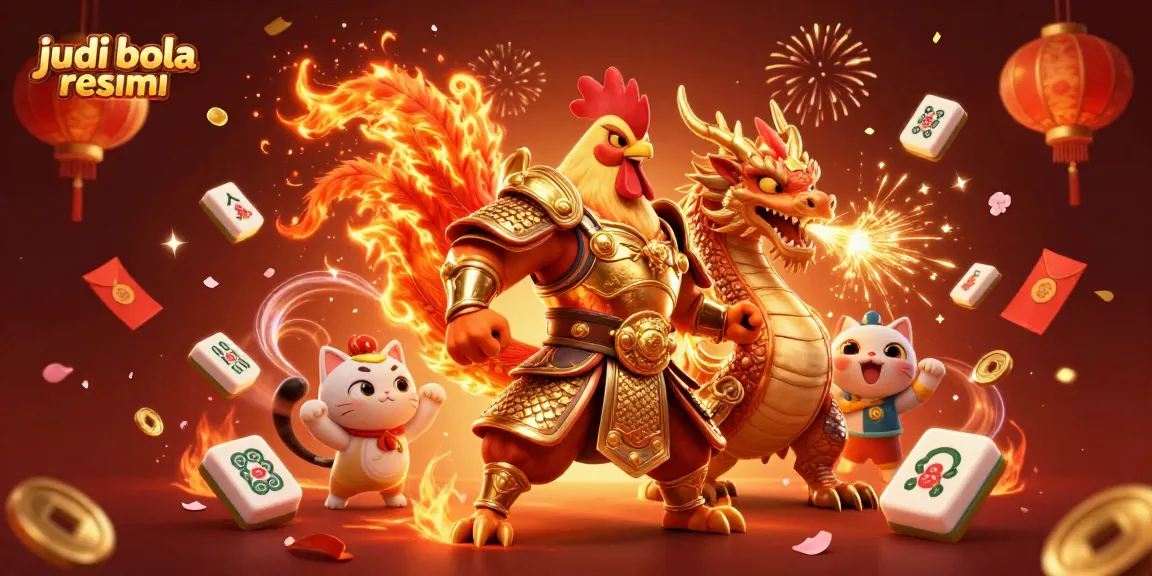 Experience action with judi bola resmi, featuring a warrior rooster and dragon in a festive atmosphere.