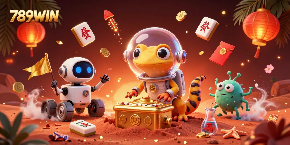 Experience thrilling gameplay at 789WIN, where a cartoon gecko explores a casino filled with excitement and fortune.