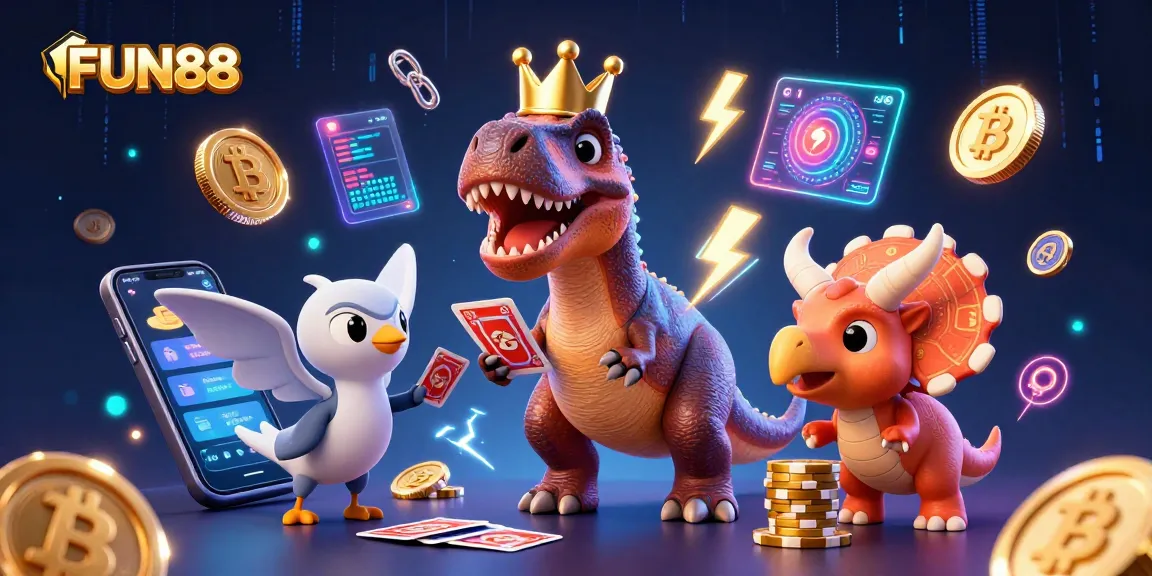Spin and win at FUN88 with fun characters stacking chips and playing cards in a lively casino scene