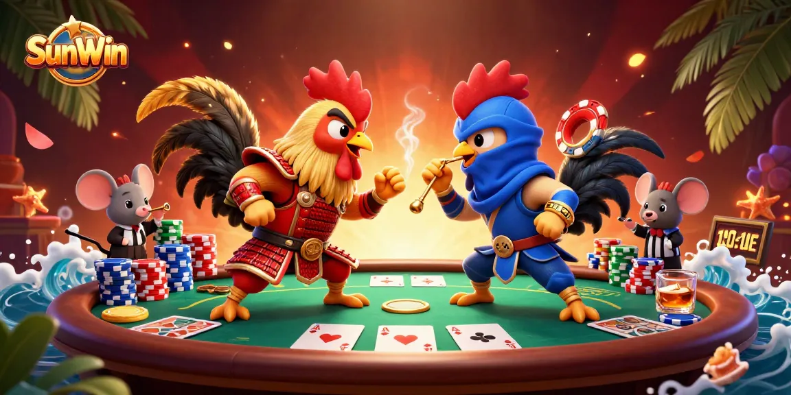 Experience thrilling action at SunWin with dynamic fighting roosters in an energetic casino scene.