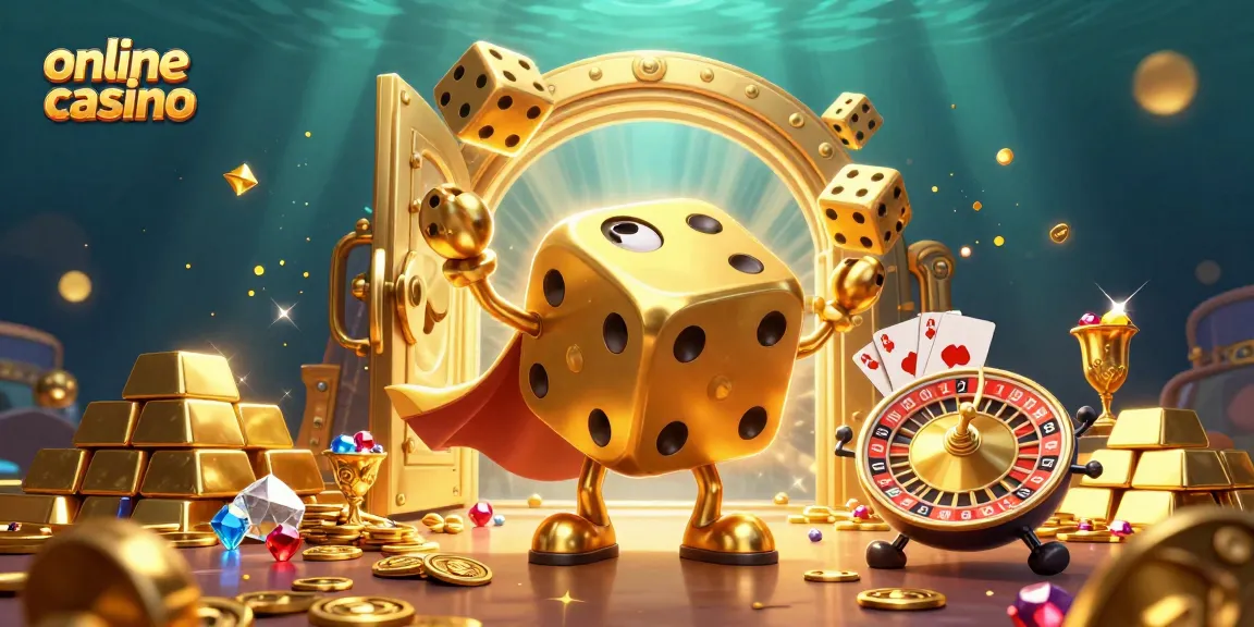 Experience the excitement of an online casino with dynamic golden dice and treasures.